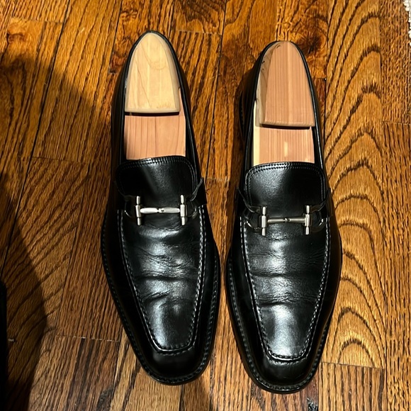 Ferragamo black leather loafers with brushed silvertone bits